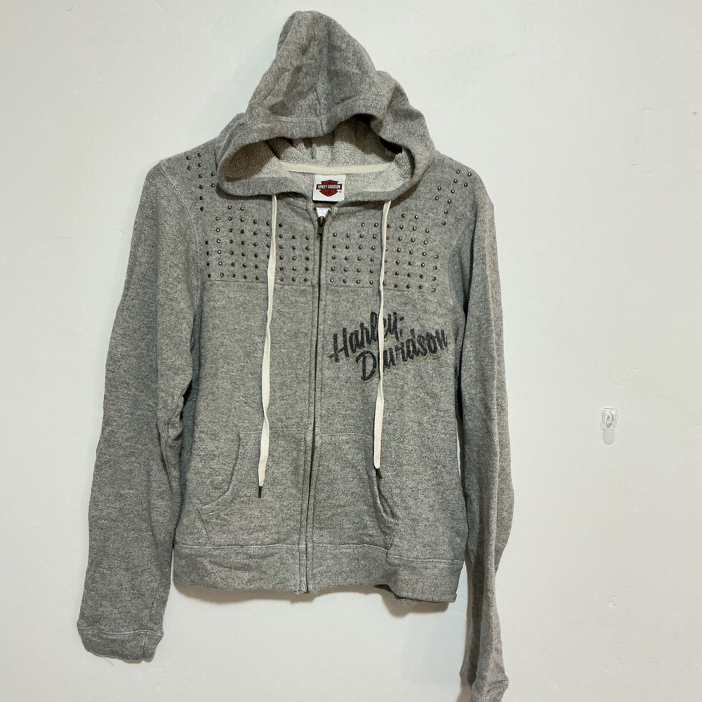 Harley Davidson Studded Zip Up‎ Hoodie Jacket Womens Small Grey Smokin Chicago